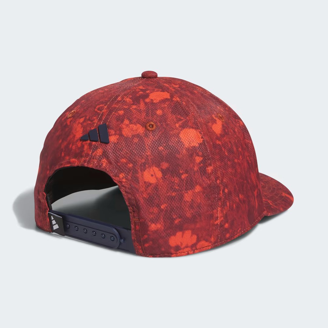 Adidas 3 Stripes Printed Tour Golf Cap in red, back view showing the adjustable snapback closure for a customizable fit.