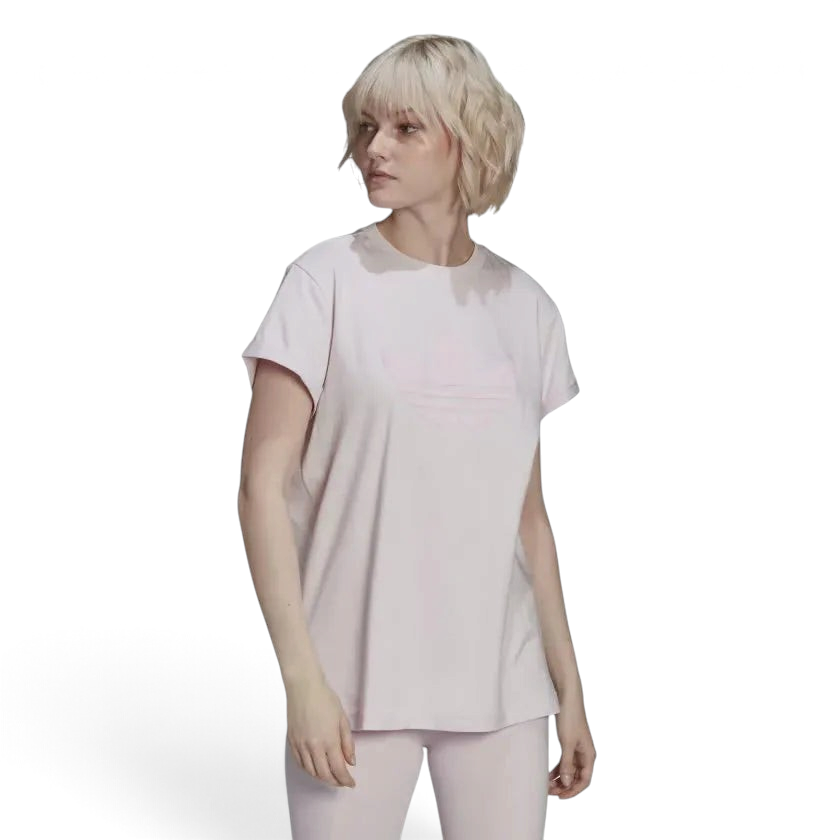 Highlights the clean pastel Almost Pink single-jersey body, showcasing the prominent contrasting adidas Trefoil graphic centered on the chest, neat ribbed crew neckline, and gathered ruffle cap sleeves.