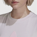 Details the micro-precision of the upper chest, showing the tight knit of the ribbed crewneck, the crisp screen-printed adidas Trefoil logo, and inner collar neck tape.