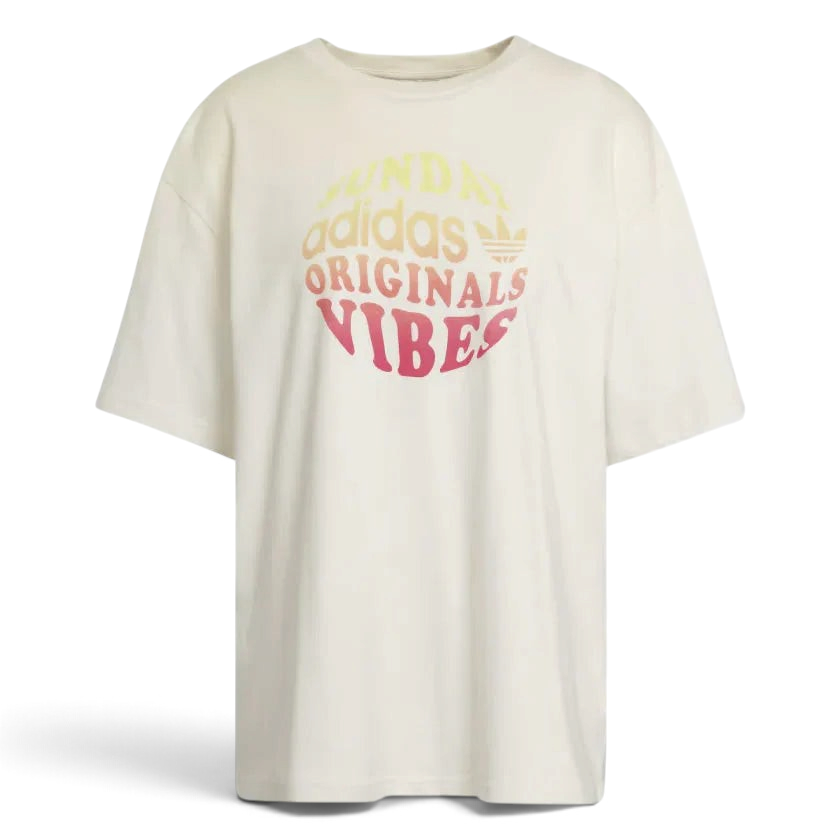 Trade Sports Adidas women's boyfriend t-shirt in chalk white cotton with a colourful circular graphic print on the chest