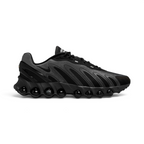 Highlights the sleek lateral profile featuring eight visible pressurised Air tube windows embedded along the sole, a dark grey texturised upper, subtle white Nike Swoosh, and the plastic heel containment clip.
