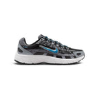 Displays the lateral silhouette featuring the Smoke Grey breathable mesh upper, interlocking horizontal and vertical black synthetic overlays, an electric Dutch Blue outlined Swoosh, and a sculpted grey foam midsole.