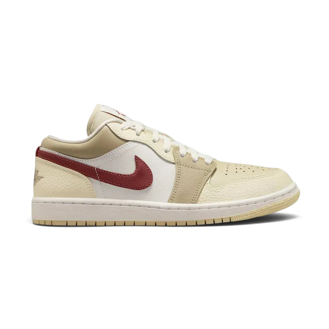 Air Jordan 1 Low White Leather Trainers HV6530-100 side view showing white/beige/red leather upper with classic Swoosh and low-cut design