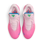 Top-down view of a pair of Nike LeBron XXII SN basketball trainers in vibrant pinks, highlighting the lacing system and textured upper.