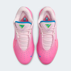 Top-down view of a pair of Nike LeBron XXII SN basketball trainers in vibrant pinks, highlighting the lacing system and textured upper.