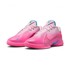 Angled view of two Nike LeBron XXII SN men's basketball trainers in "I Promise" pink colorway, side by side, showcasing their dynamic design.