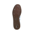 Underside profile of the dark gum rubber outsole displaying the intricate multi-directional traction pattern and central pivot circles.