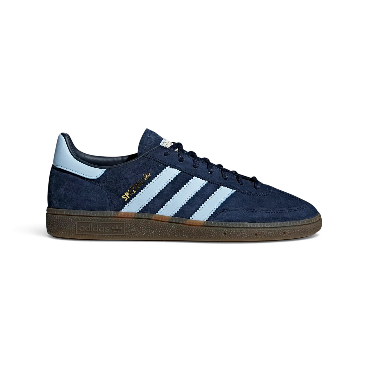 adidas Handball Spezial Men's BD7633 side view showing navy suede upper and light blue 3-Stripes Main image
