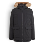 Adidas Hooded Fur Parka front view showing the full-zip closure, high collar, and side pockets.