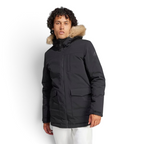 Adidas Hooded Fur Parka front view model worn showing the full-zip closure, high collar, and side pockets.