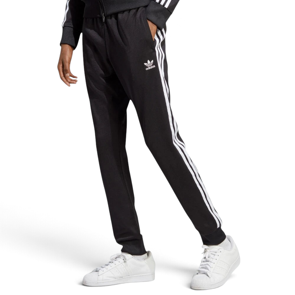 Highlights the high-velocity sweep of the iconic white 3-Stripes cascading down the professional depth of the slim black legs. Main image