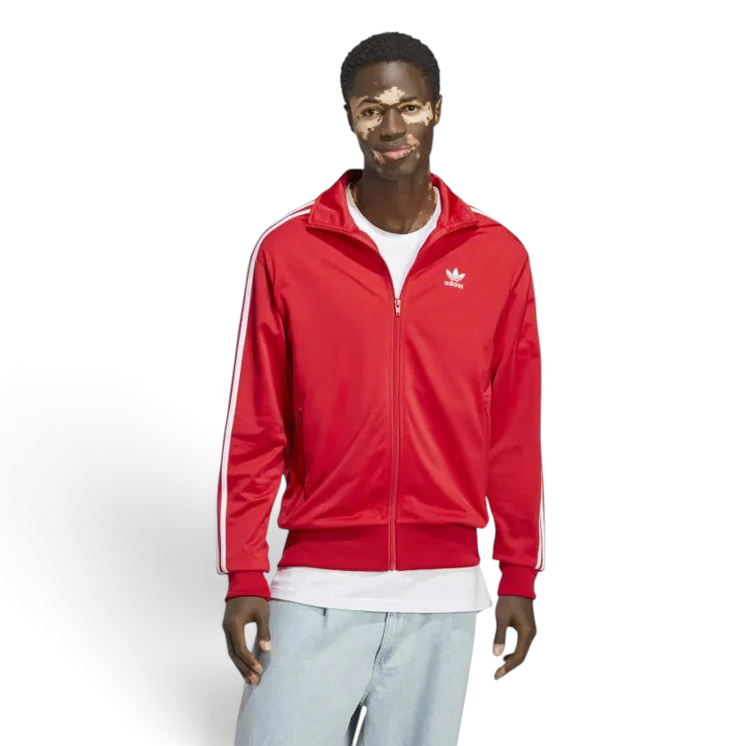 Adidas Adicolor Classics Firebird Track Jacket Men's in better scarlet red, front view showing full zip, stand-up collar, white 3-Stripes on sleeves, and embroidered Trefoil logo. Main image