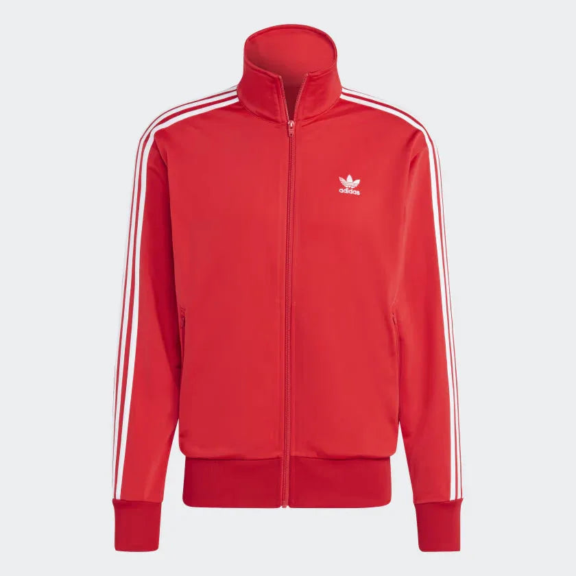 Adidas Adicolor Classics Firebird Track Jacket Men's in better scarlet red, front view showing full zip, stand-up collar, white 3-Stripes on sleeves, and embroidered Trefoil logo.