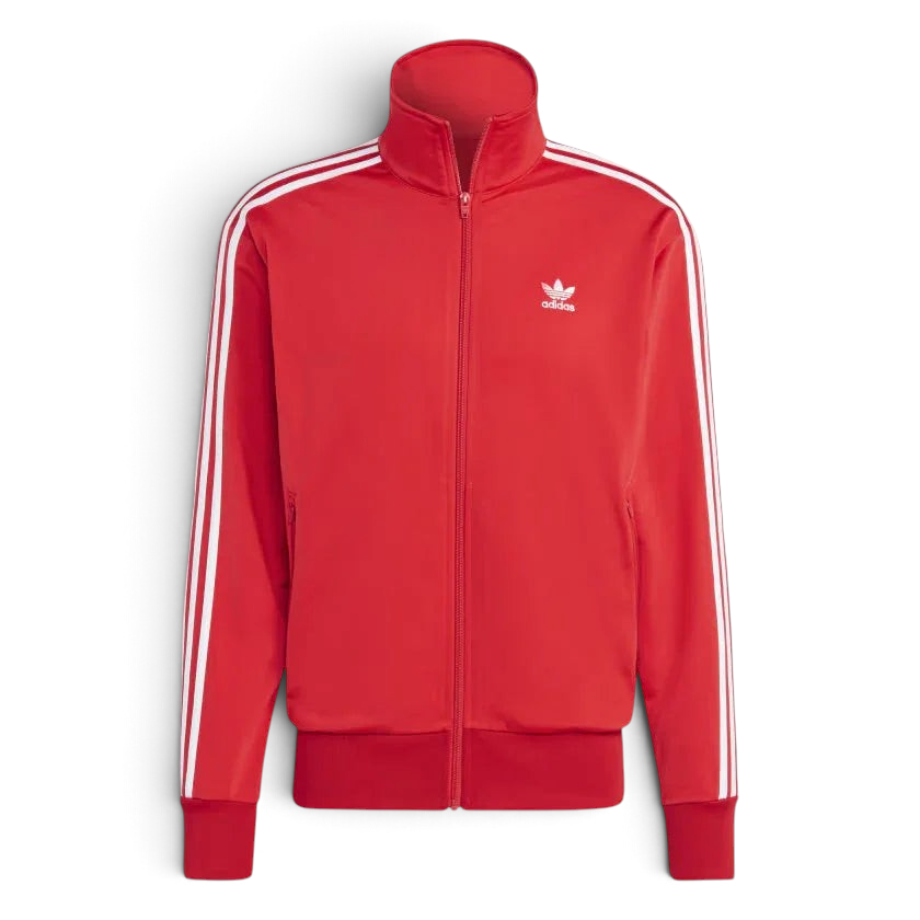 Adidas Adicolor Classics Firebird Track Jacket Men's in better scarlet red, front view showing full zip, stand-up collar, white 3-Stripes on sleeves, and embroidered Trefoil logo.