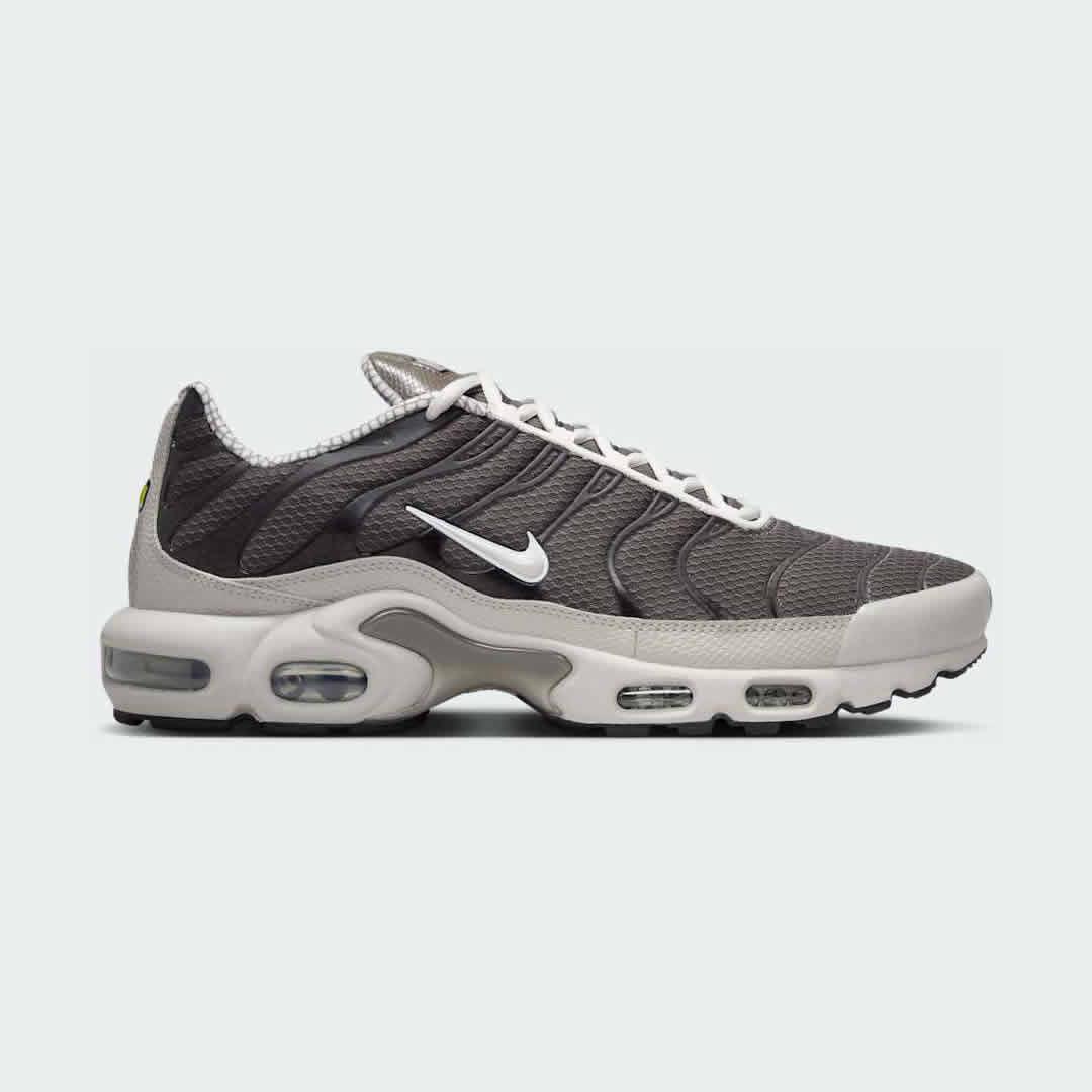 Nike Air Max Plus TN Men's trainers in cave stone brown and vast grey, side profile showing visible Tuned Air units and distinctive wavy overlays. Main image