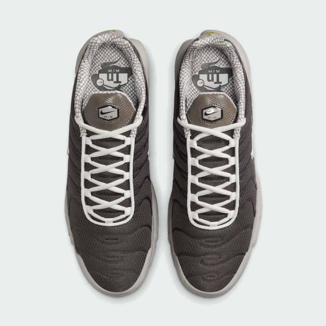 Top-down view of a pair of Nike Air Max Plus TN Men's trainers in brown and grey, highlighting their iconic silhouette and lace-up closure.