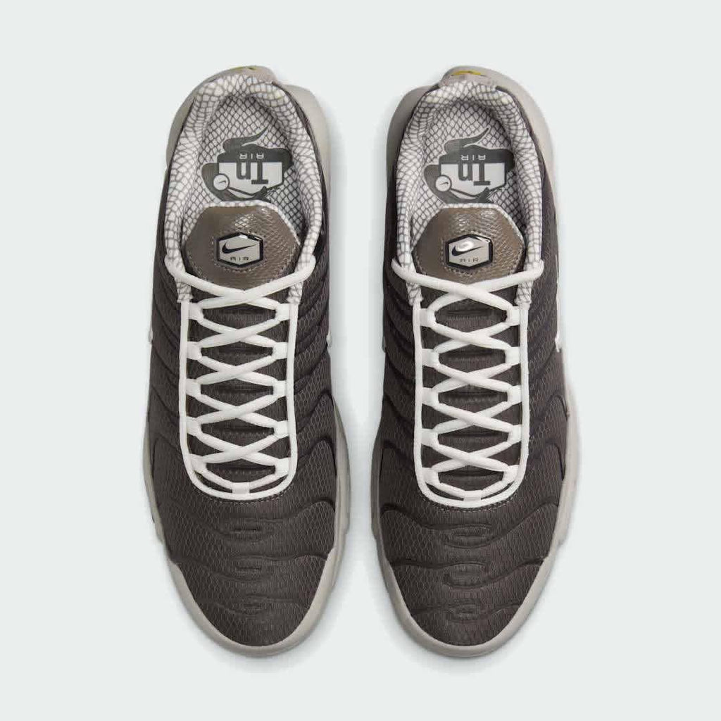 Top-down view of a pair of Nike Air Max Plus TN Men's trainers in brown and grey, highlighting their iconic silhouette and lace-up closure.