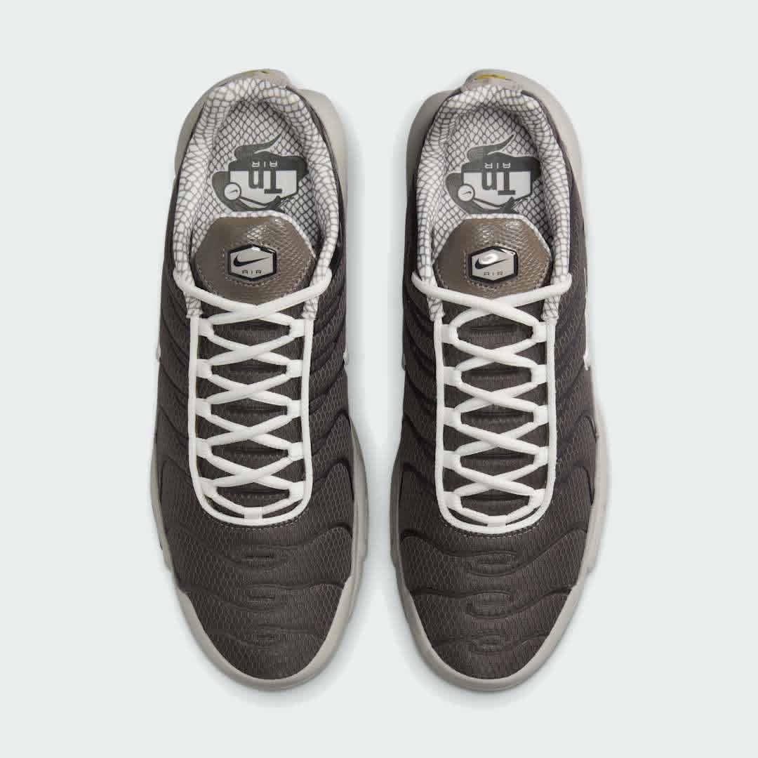 Top-down view of a pair of Nike Air Max Plus TN Men's trainers in brown and grey, highlighting their iconic silhouette and lace-up closure.