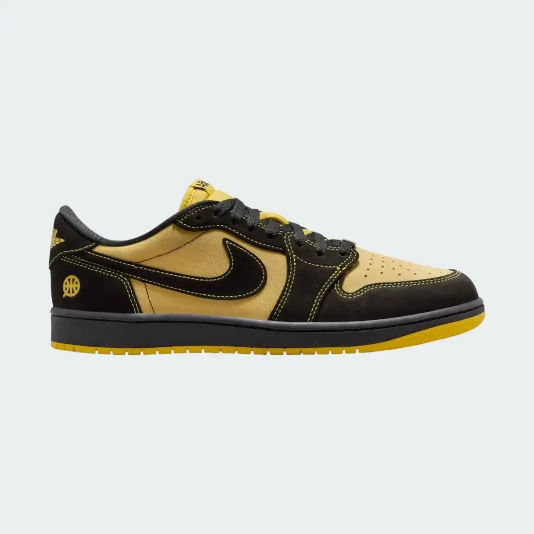 Air Jordan 1 Retro Low OG Q54 men's trainers in black leather with tour yellow and chile red accents, side profile showing low-top design and Nike Swoosh. Main image