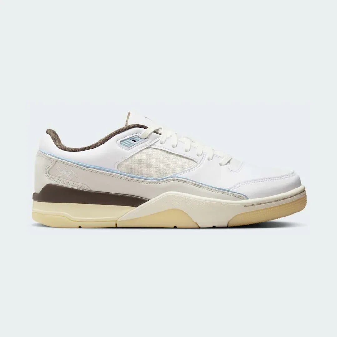 Jordan Flight Court Men's sneakers in white with light armory blue accents, side profile showing leather upper, low-top silhouette, and Jordan branding. Main image