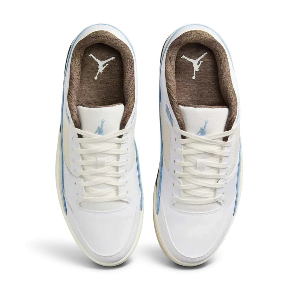 Top-down view of a pair of Jordan Flight Court Men's sneakers in white and blue, highlighting their classic lace-up closure and clean design.