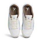 Top-down view of a pair of Jordan Flight Court Men's sneakers in white and blue, highlighting their classic lace-up closure and clean design.