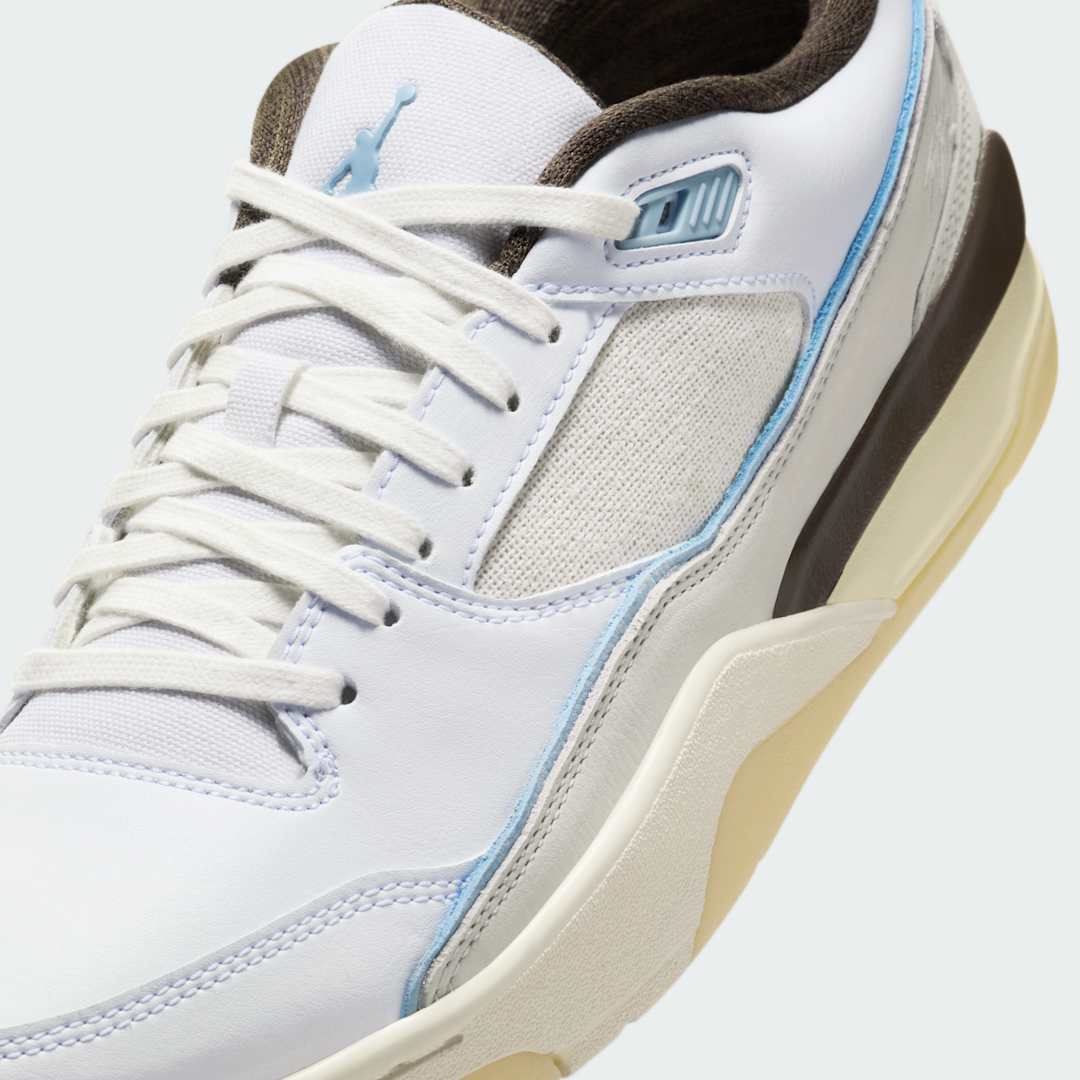 Close-up zoom on the front of the Jordan Flight Court Men's sneakers, showing the perforated toe box, lacing system, and textured leather upper.