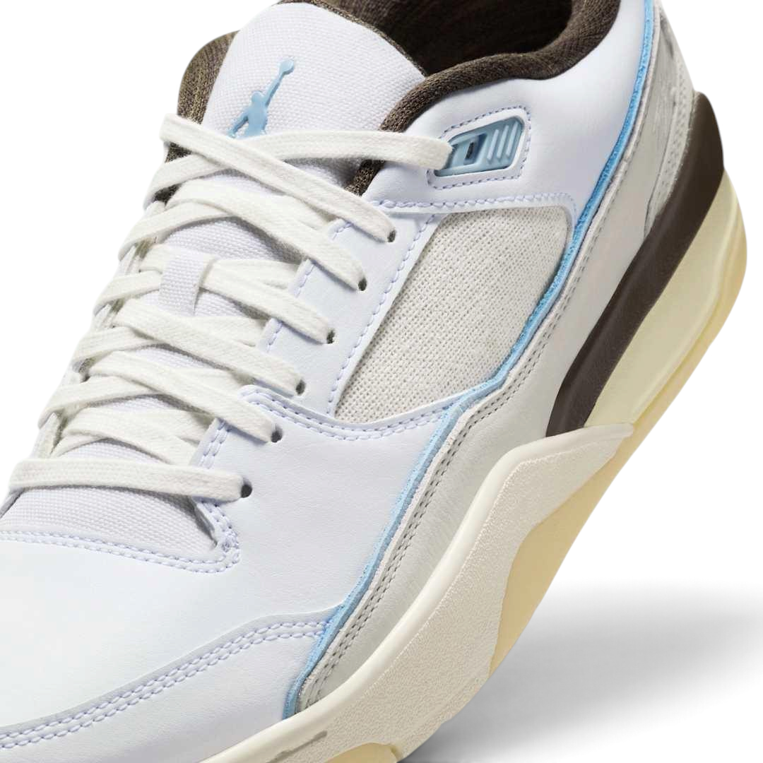 Close-up zoom on the front of the Jordan Flight Court Men's sneakers, showing the perforated toe box, lacing system, and textured leather upper.
