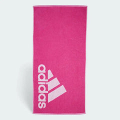 Adidas Cotton Sports Towel in pink, neatly folded, showing the soft cotton texture and embroidered Adidas logo. (Note: Image may subtly show B-grade imperfection if visible).
