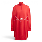 Front profile of the Adidas Archival Oversize Dress in Better Scarlet red, showing the long sleeves, ribbed cuffs, and the relaxed, modern silhouette.