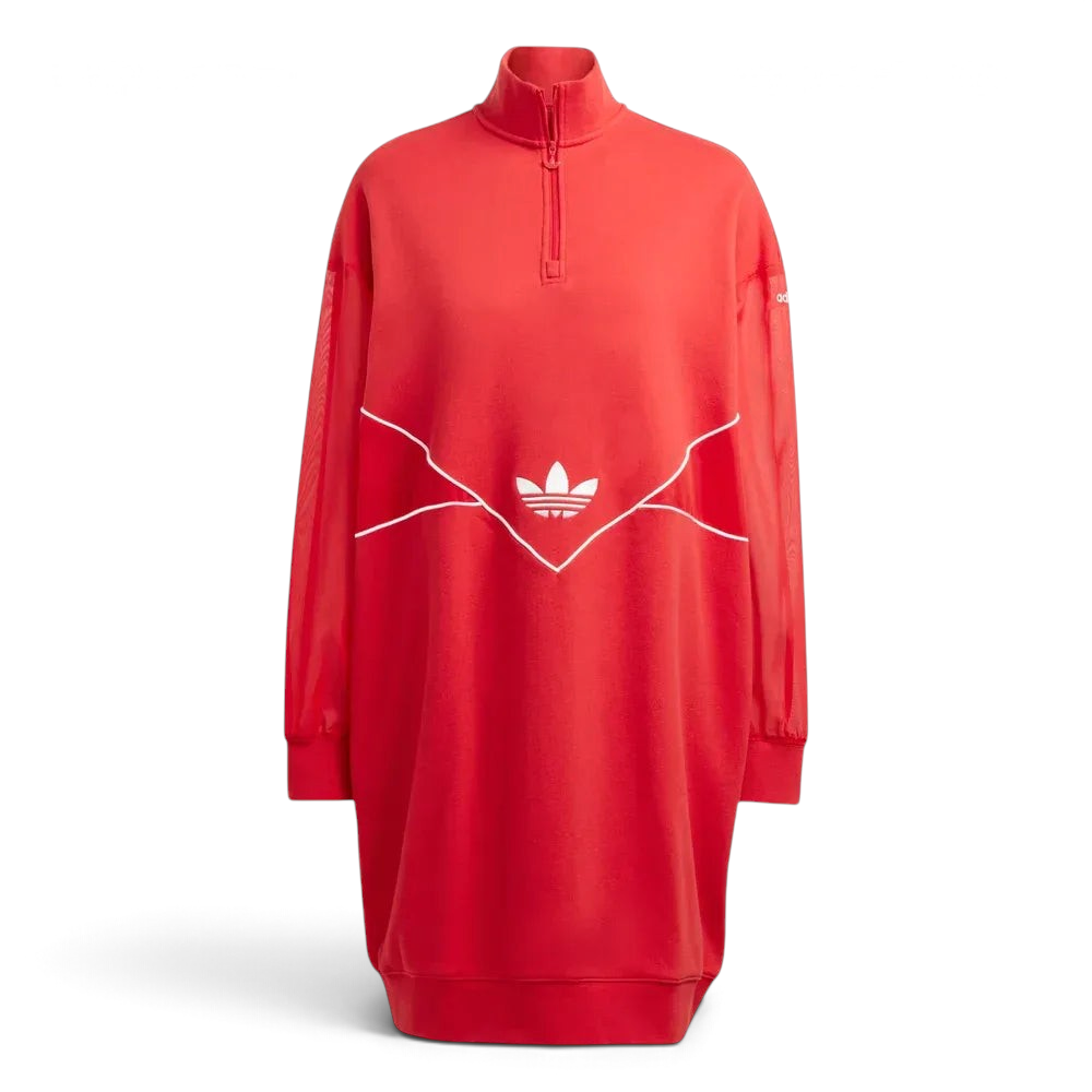 Front profile of the Adidas Archival Oversize Dress in Better Scarlet red, showing the long sleeves, ribbed cuffs, and the relaxed, modern silhouette.