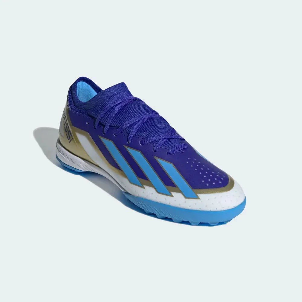 Top-down view of a pair of Adidas X Crazyfast League TF boots, highlighting their asymmetrical lacing and streamlined silhouette.