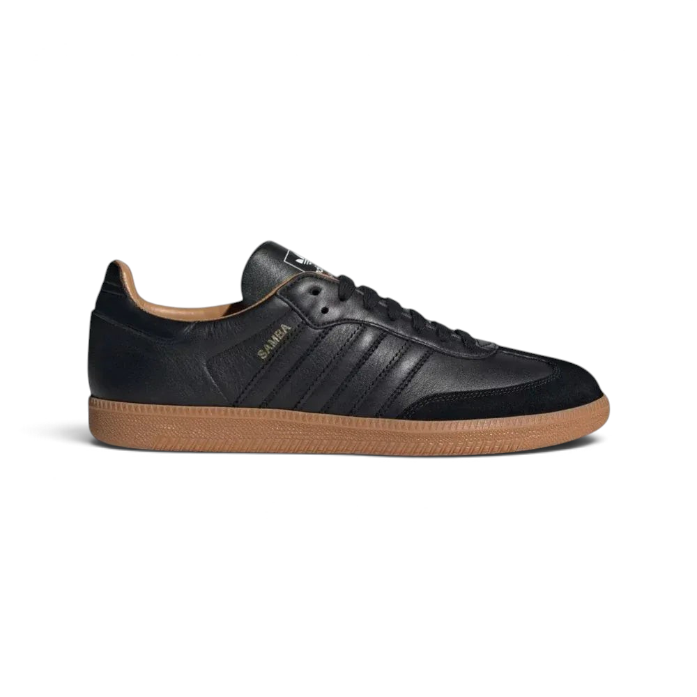 Side profile of the adidas Samba OG Made In Italy in Core Black, showing the premium Italian leather texture and the iconic white 3-Stripes.