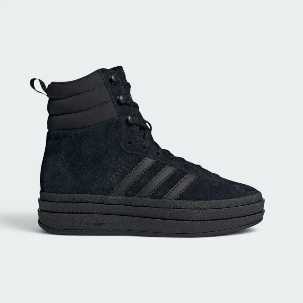 Showcases the high-velocity aesthetic of the triple-stacked rubber platform sole and the premium depth of the matte black textures.