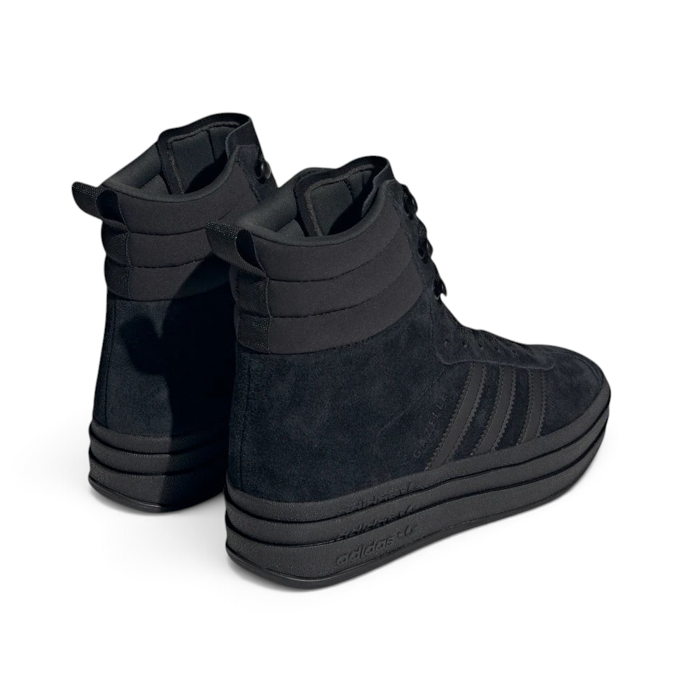 Focuses on the clean layout of the stacked platform layers from the rear and the neat finish of the heel panel stitching.