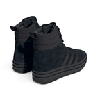 Focuses on the clean layout of the stacked platform layers from the rear and the neat finish of the heel panel stitching.