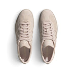 Top-Down View of Pair/Item: Overhead view looking down at the laced pink shoes, displaying the flat tonal laces, tongue label with embossed adidas branding, and clean interior lining.   