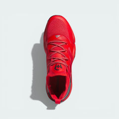 Top-down view of the red training shoes, highlighting the integrated lacing system and the textile tongue detailing.