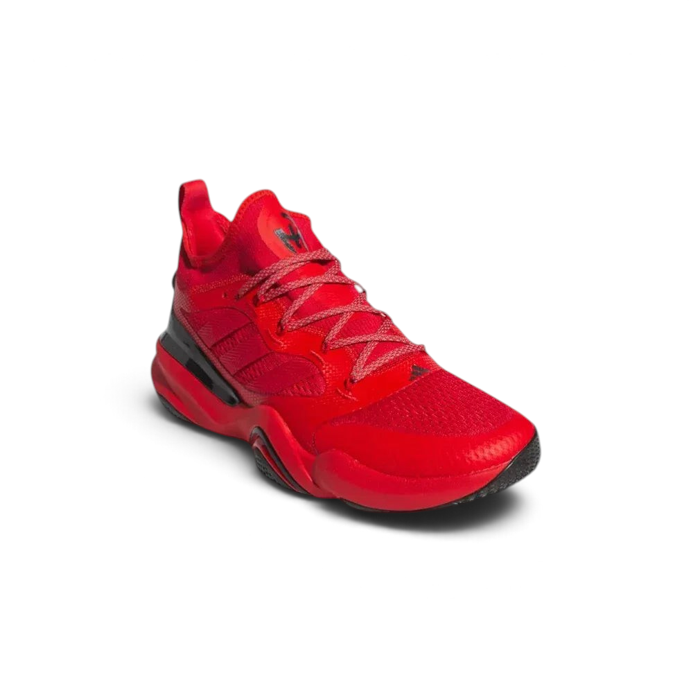 Angled shot of the Mahomes signature shoes, showcasing the vibrant red colourway and the structured heel support.