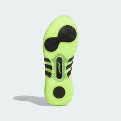 View of the rubber outsole of the D.O.N. Issue #5, showcasing the intricate blue and lemon traction pattern for maximum court grip.