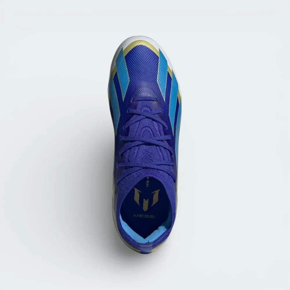Top-down view of the Messi X Crazyfast boots, highlighting the sleek lacing system, the blue burst patterns, and the textured speedskin upper.