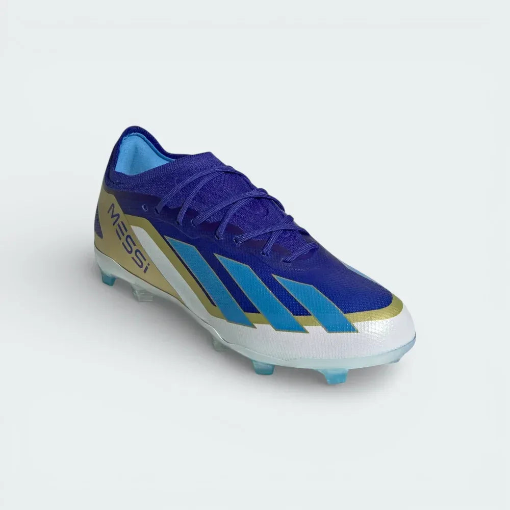 Angled shot of the boots on the side, showcasing the lightweight, aerodynamic silhouette and the vibrant world-champion blue colourway.