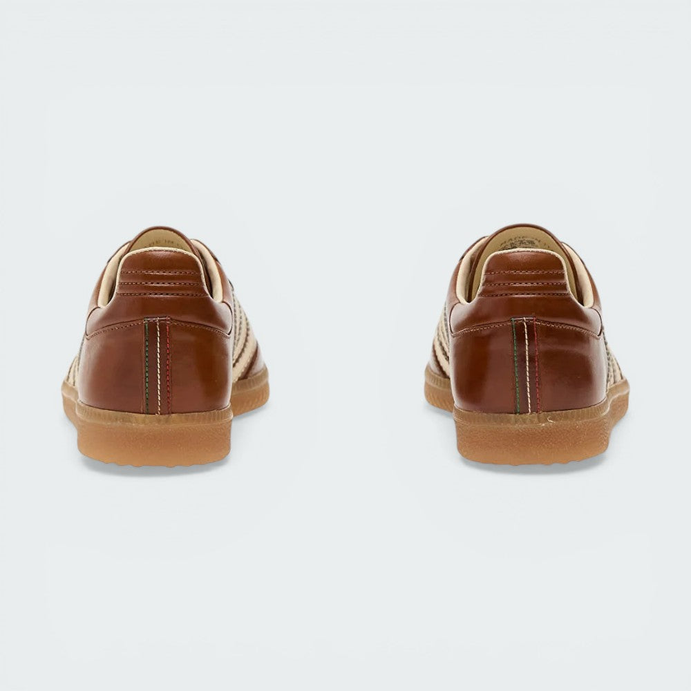 Focusing on the reinforced heel stitching and the clean, handcrafted finish of the Italian workshop.