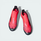 Top-down view of the laceless F50+ boots, highlighting the integrated Primeknit collar and the textured Sprintweb 3D grip pattern.