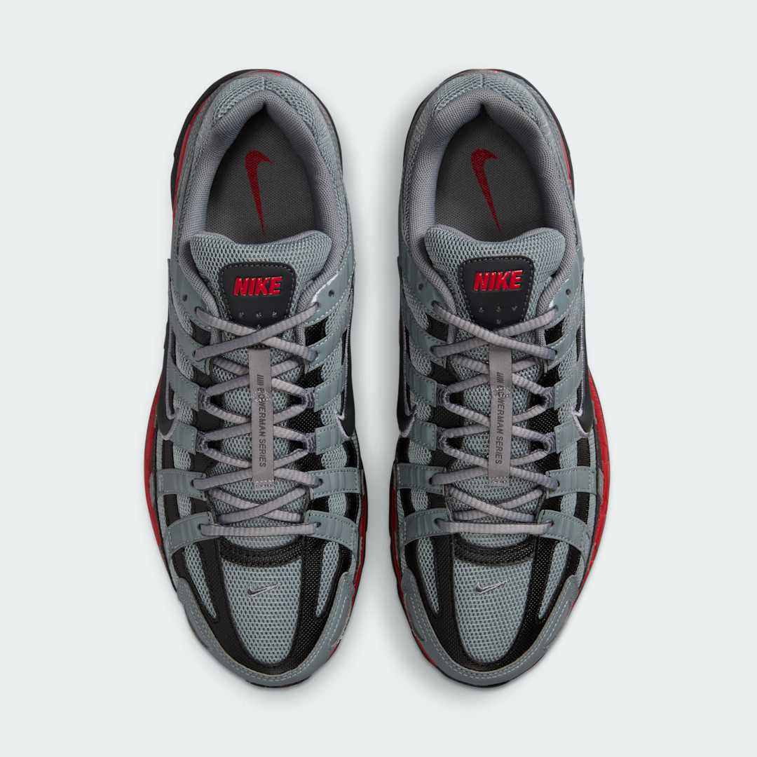 Top-down view of a pair of Nike P-6000 SE men's trainers in grey and black, highlighting the intricate layered upper and lace-up closure.