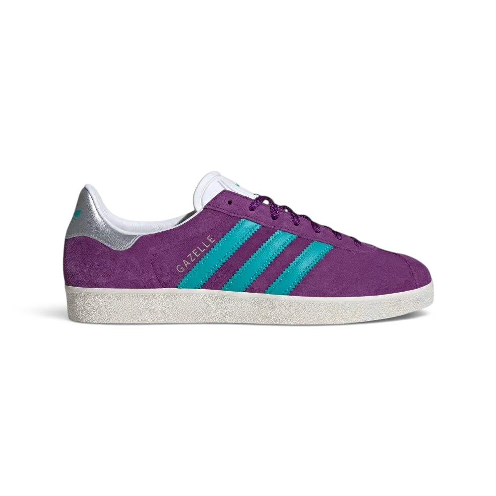 Highlights the high-velocity sweep of the Hi-Res Aqua serrated 3-Stripes and the professional, velvety depth of the Glory Purple nubuck panels leading back to the flashing silver heel tab.