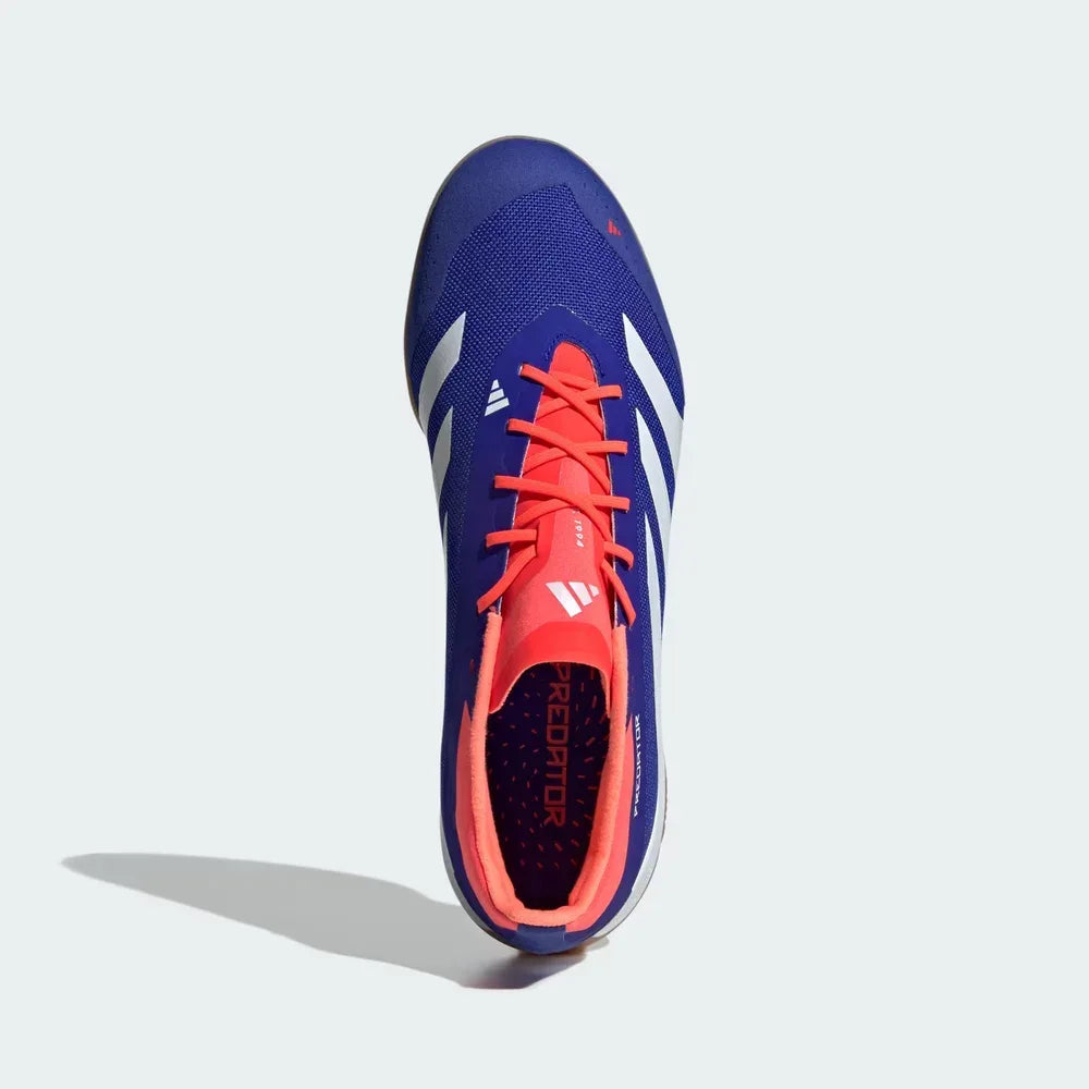 Top-down view of the Lucid Blue Predator Elite boots, highlighting the ventilated mesh, the white lacing system, and the contrasting suede toe cap.