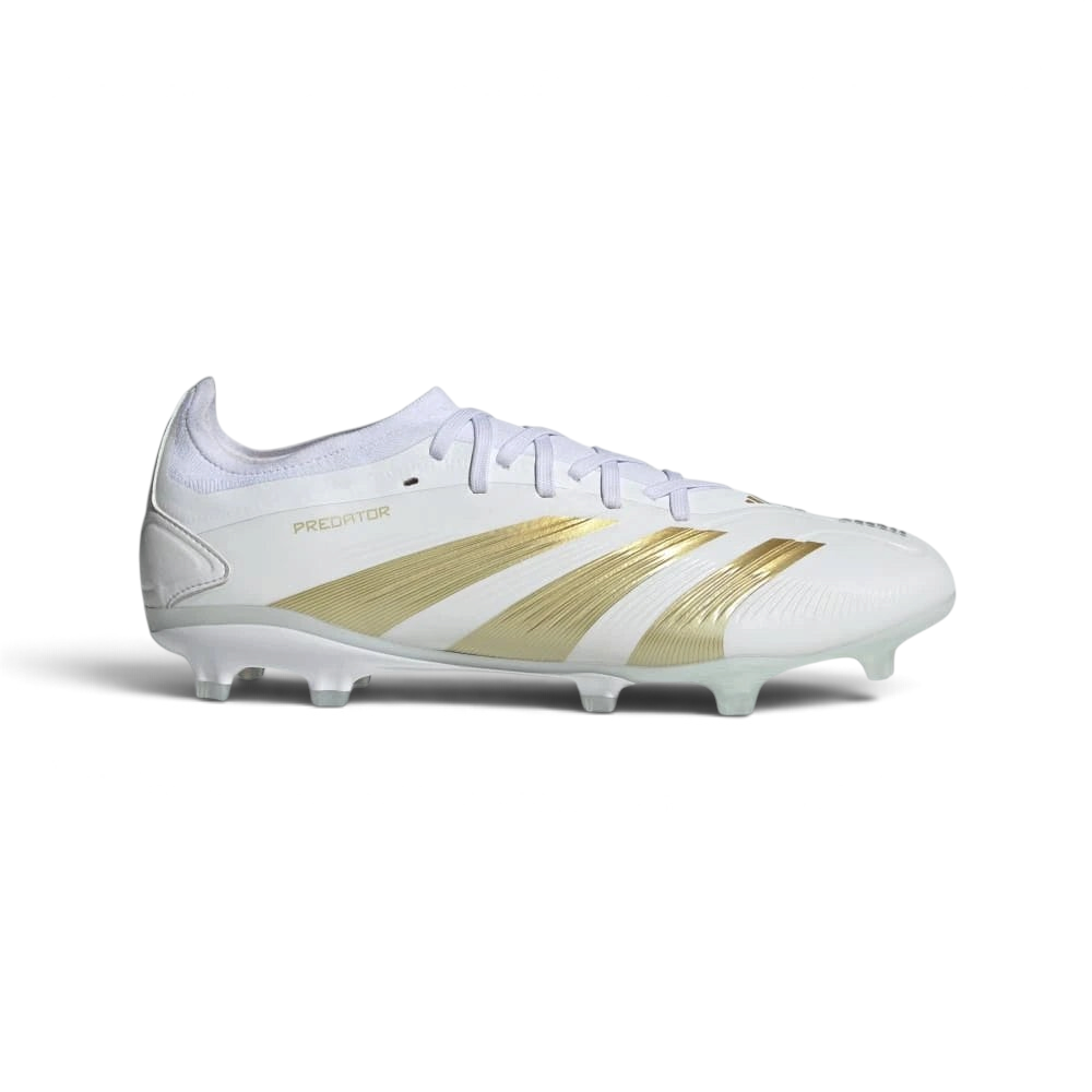 Highlights the high-velocity sweep of the Gold Metallic 3-Stripes, showing the crisp Cloud White texture of the upper rising into the sandy beige tones of the Primeknit collar. Main image
