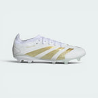 Highlights the high-velocity sweep of the Gold Metallic 3-Stripes, showing the crisp Cloud White texture of the upper rising into the sandy beige tones of the Primeknit collar.