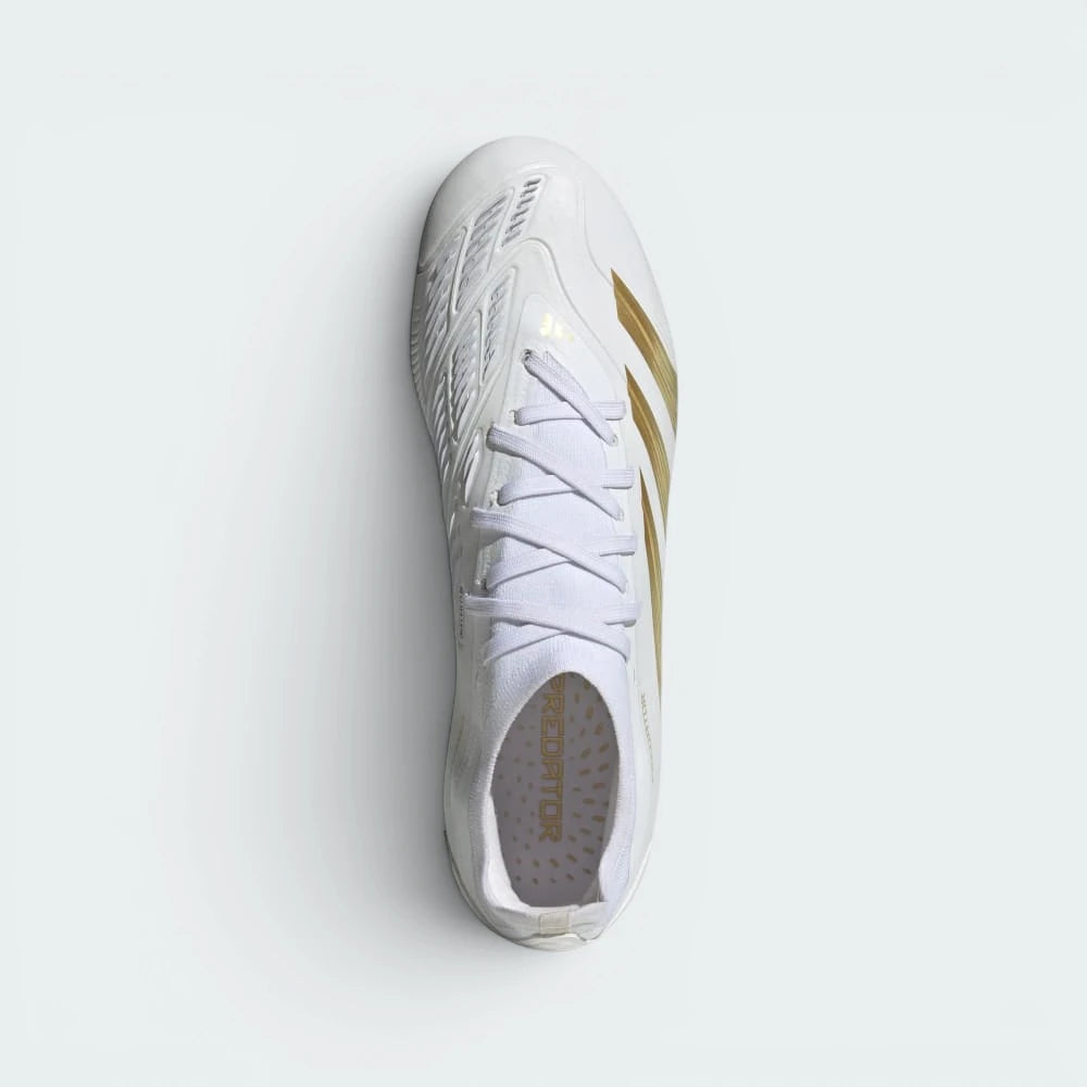 Focuses on the tightly locked-in lace closure layout, displaying the exact placement of the rubber Strikeskin fins lining the medial shooting zone.